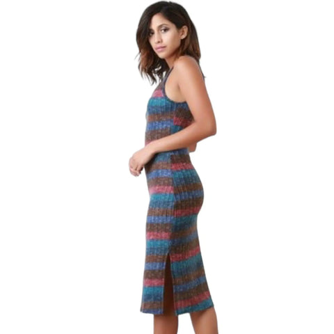 Sleeveless V Neck Striped Slit Midi Dress