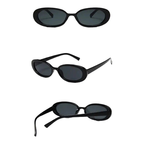 Stylish women’s small black oval sunglasses with vintage-inspired design and gray lenses