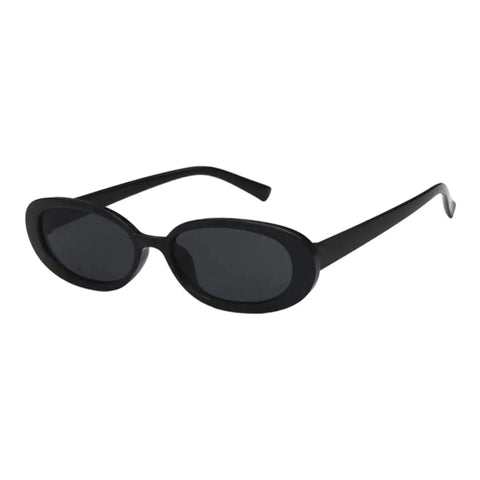 Small black oval sunglasses with vintage-inspired design and gray lenses for year round eyewear!