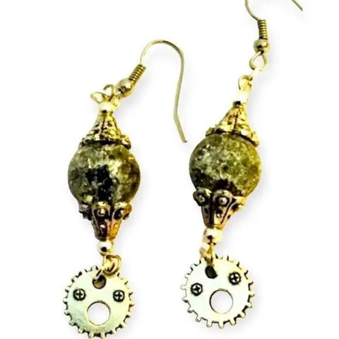 Women's Silver Hook Mystical Crackled Dangling Gears Earrings - 2.25" L - Wild Time Fashion