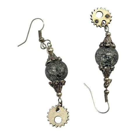women's smoked gray glass bead gear dangle earrings 2.25" long 