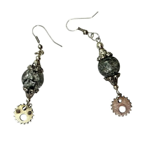 women's smoked gray glass bead gear dangle earrings 2.25" long 