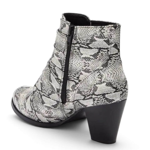 back angle Snakeskin Black White Multi Straps Heel Boots inner zipper women's shoe size 9.5