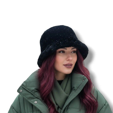 soft faux fur winter bucket hat in black, plush fluffy reversible design with 2.5 inch brim, streetwear headwear