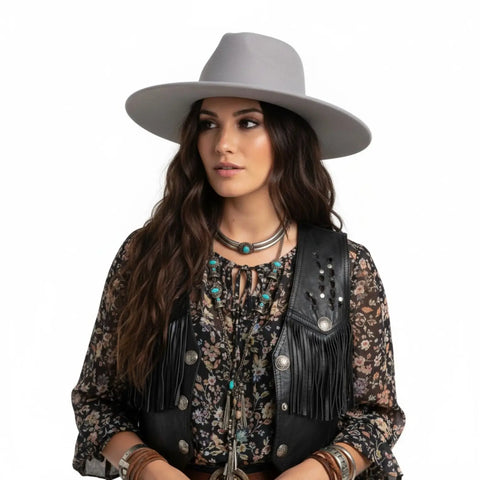 wide brim felt fedora hat with tall teardrop pinched crown and structured 3.5-inch brim