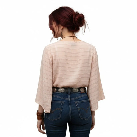 Soft pastel pink Alfani blouse with textured fabric, scoop neckline and wide flared bell sleeves