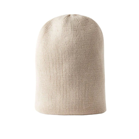 Solid color ribbed fisherman beanie skull cap in soft acrylic shown cuffed and slouchy styles beige flat lay