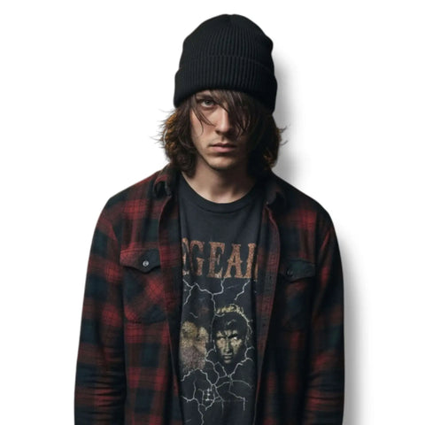 Solid color ribbed fisherman beanie skull cap in soft acrylic shown cuffed and slouchy styles black grunge style
