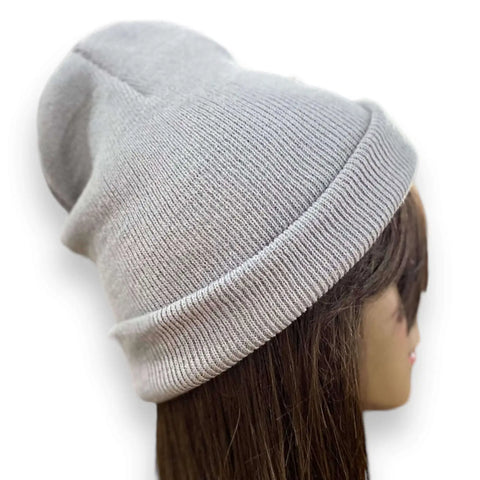 Solid color ribbed fisherman beanie skull cap in soft acrylic shown cuffed and slouchy styles light gray