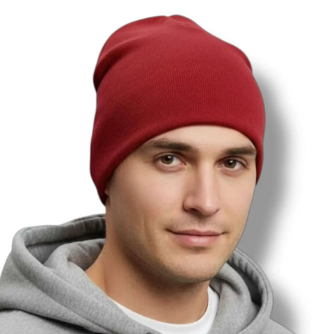 Solid color ribbed fisherman beanie skull cap in soft acrylic shown cuffed and slouchy styles red streetwear vibe