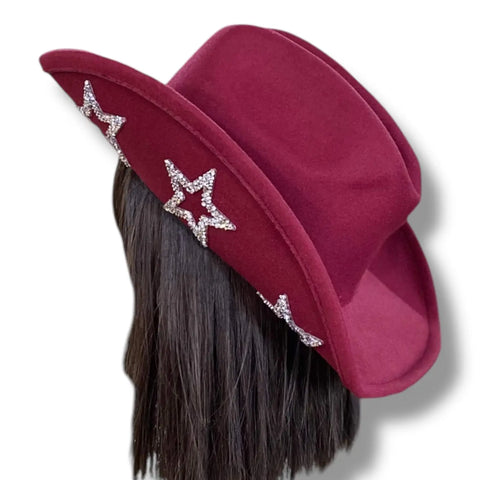  sparkle rhinestone stars cowboy hat in burgundy and black with tall crown and curled brim for western glam style
