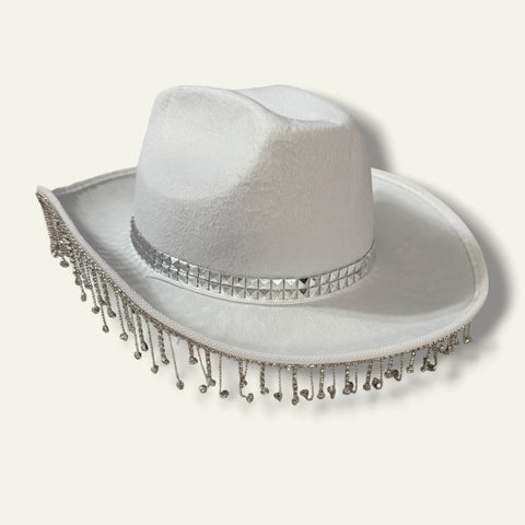 back view of Sparkling Fringe White Cowboy Hat with rhinestone tassel trim, silver studded band, wide brim, and chin strap