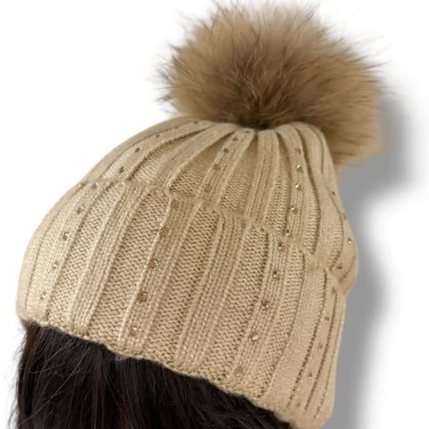 Sparkly beige rib knit cuffed beanie with detachable raccoon fur pom pom and champagne crystal accents, soft wool acrylic winter hat.