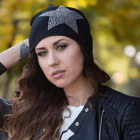 Star studded jersey beanie cap in black with oversized crystal rhinestone star, unisex brimless cotton blend hat for streetwear and festival fashion