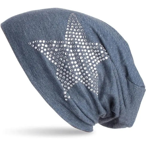 Star studded jersey beanie cap in black with oversized crystal rhinestone star, unisex brimless cotton blend hat for streetwear and festival fashion
