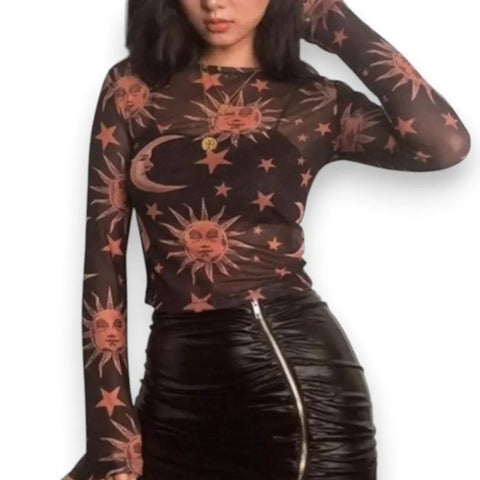 Women's Stars Moon Long Sleeve Crop Top celestial crop tops in black/white, white/black, or orange/black one size