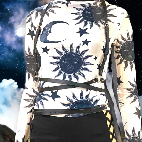 Women's Stars Moon Long Sleeve Crop Top celestial crop tops in black/white, white/black, or orange/black one size