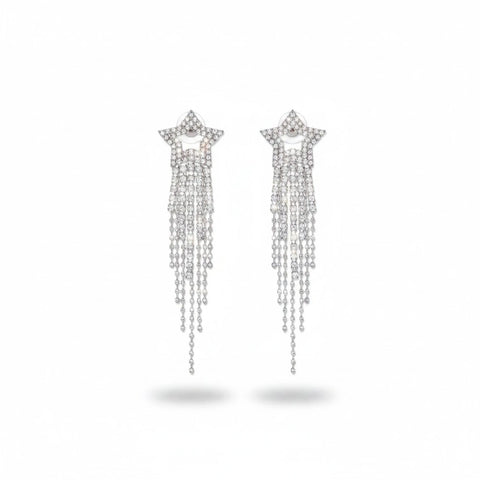 Silver Star Sparkle Long Tassel Dangle Earrings - Silver / Adults / alloy/rhinestones - Women’s Earrings