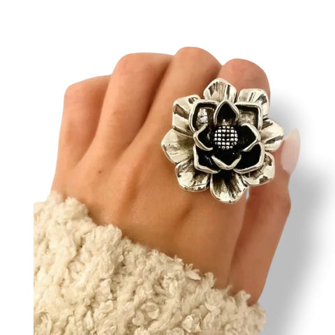 woman wearing index finger Sterling Silver Antique Flower Statement Ring with 3D floral petals and dark center