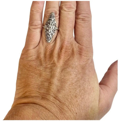 Women's Sterling Silver Filigree Marquee Shaped Custom Ring Size 8