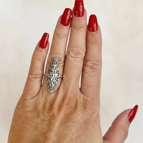 Sterling Silver Elongated Filigree Ring - 8 / Silver / Female - Women’s Rings