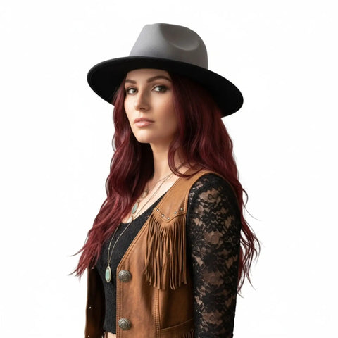 woman wearing Stiff Brim Shades of Gray Fedora Hat