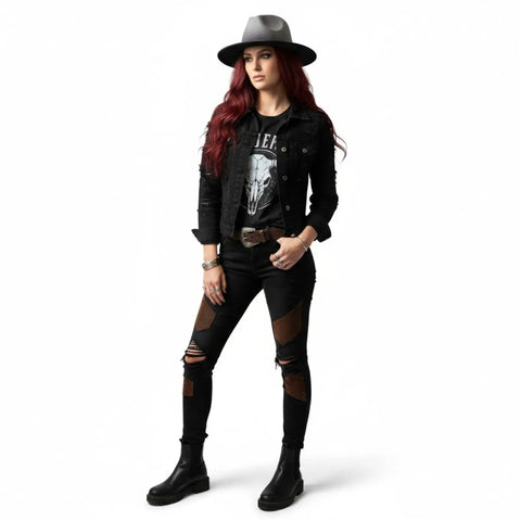 woman wearing Stiff Brim Shades of Gray Fedora Hat in fall attire