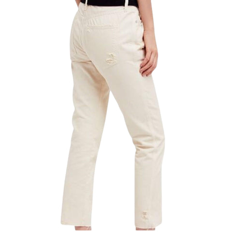 Mid Rise Ivory Straight Leg Distressed Jeans fray hemline