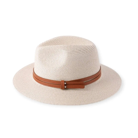 white straw classic panama sun hat with wide brim and double leather strap – summer resort wear sun protection, foldable side view on counter