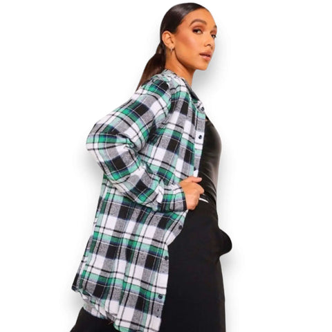 Street Chic Oversized Button Up Flannel Shirt women's long sleeve, chest pocket, button cuffs with shirt tail hemline