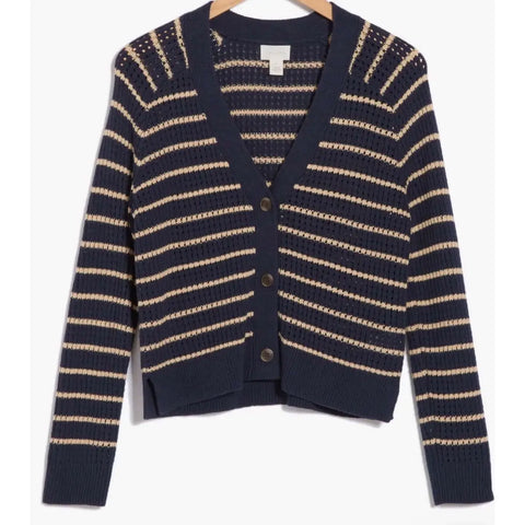 plus size blue and tan striped button up cropped knitted cardigan with v neckline and long sleeves