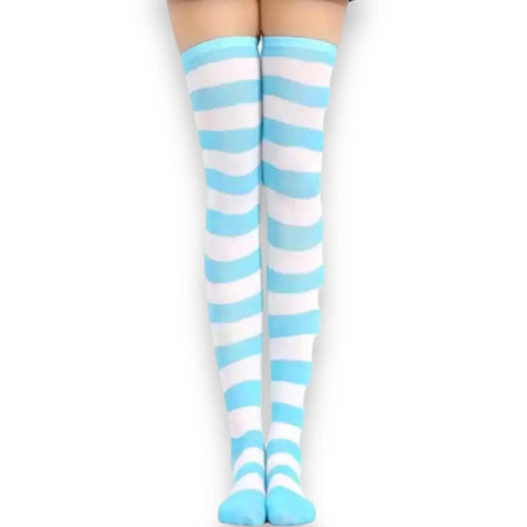 blue and white striped thigh high socks front view