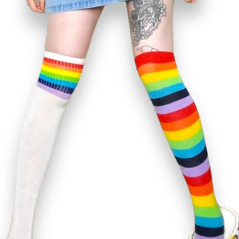 striped over knee tall socks black white pink blue thigh high kawaii punk cosplay