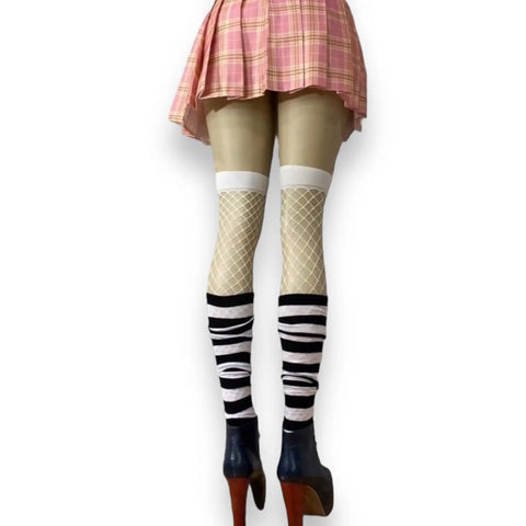 women’s striped over knee tall socks black and white layered back view