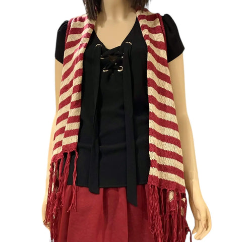 Striped western knitted fringe vest in ivory and red with sleeveless open front, tribal diamond back design, and asymmetrical high-low tassel hem, size S/M