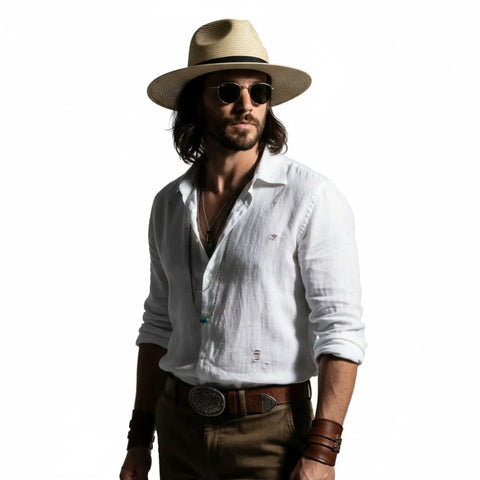 Stylish Summer Straw Fedora Sun Hat with black band and wide brim man wearing with casual summer attire