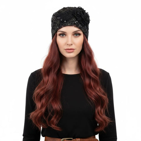 Floral lace sequin beanie cap with fitted shape, lightweight lining and vintage-inspired boho styling / black / one size / women's