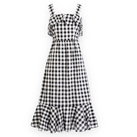 Sleeveless gingham midi dress with wide straps and ruffle overlay