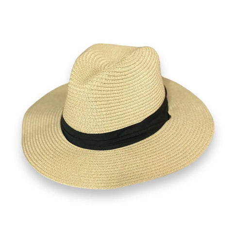 Classic summer fedora hat in natural straw with elegant black band, ideal for outdoor adventures and festivals.