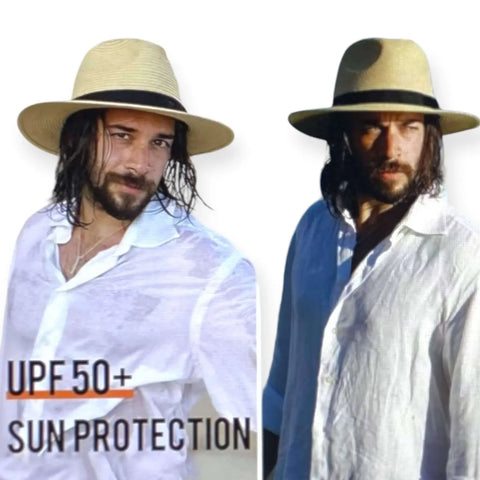 Classic summer fedora hat in natural straw with elegant black band, ideal for outdoor adventures and festivals.