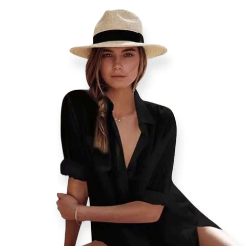 Classic summer fedora hat in natural straw with elegant black band, ideal for outdoor adventures and festivals.