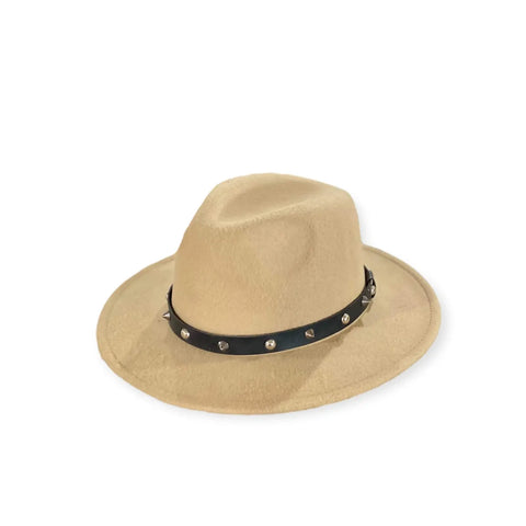 Camel Tan Stiff Brim Fedora Hat silver spiked black band creased tall crown