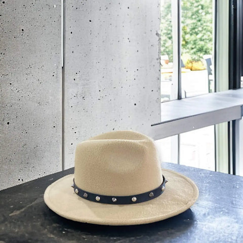 Camel Tan Stiff Brim Fedora Hat silver spiked black band creased tall crown