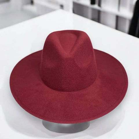 Burgundy red tall teardrop crown wide brim stylish stylish fedora hat