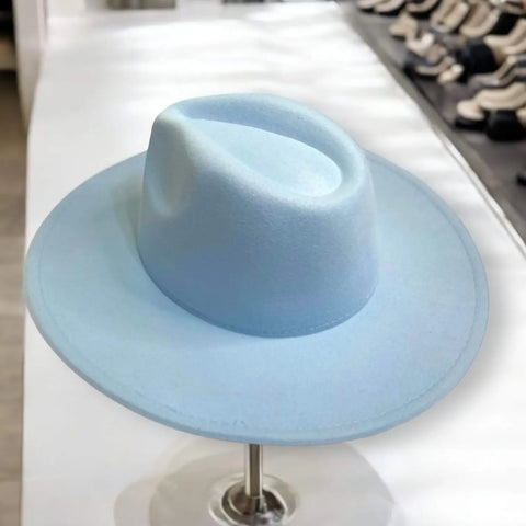 Light blue tall teardrop crown wide brim stylish stylish fedora hat