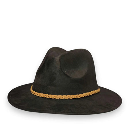 black Suede Leather Band Fedora Hat with faux suede finish and braided leather rope band / one size / unisex