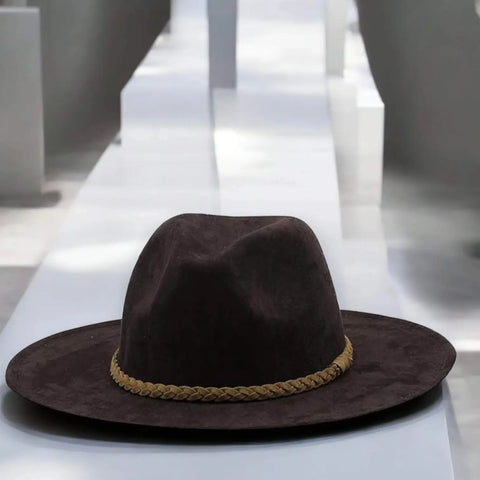 Dark brown Suede Leather Band Fedora Hat with faux suede finish and braided leather rope band / one size / unisex