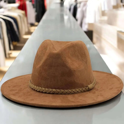 khaki brown Suede Leather Band Fedora Hat with faux suede finish and braided leather rope band / one size / unisex