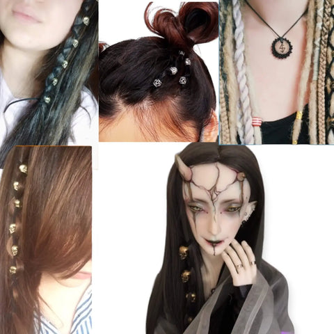 mixture of various people wearing the suede leather skull beaded hair tie 