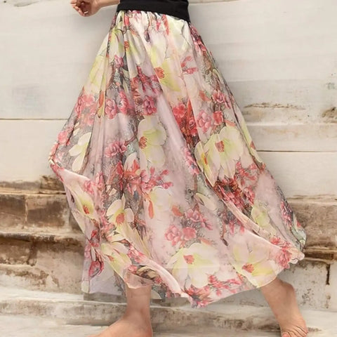 Pink and yellow floral chiffon maxi skirt – boho flowy A-line with elastic waist
